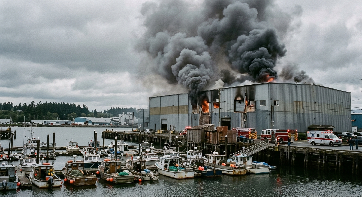 thick dark smoke billowing from a large industrial warehouse on a coastal harbor, with small fishing boats docked in the foreground and emergency response vehic
