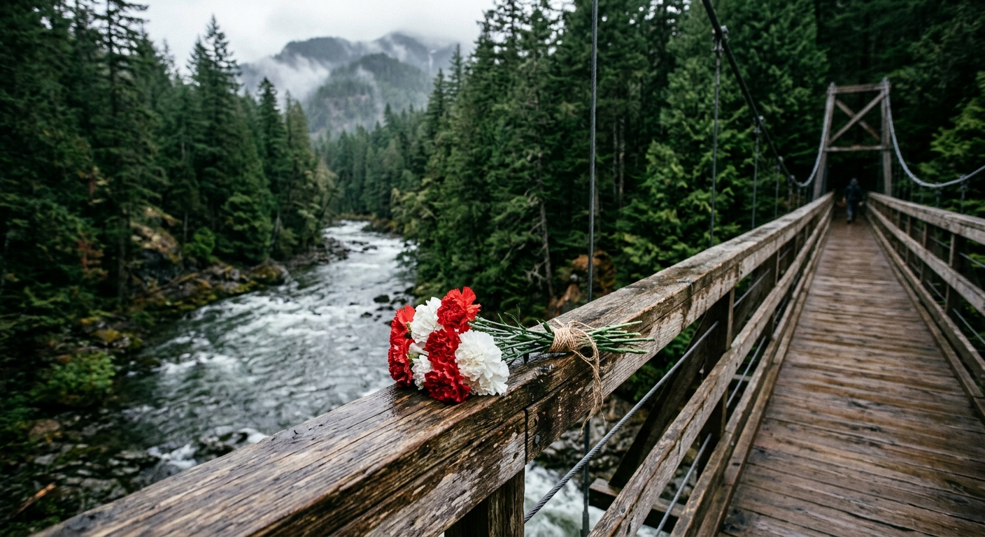 a small memorial consisting of fresh carnations placed on the wooden railing of a pedestrian bridge overlooking a flowing river, surrounded by tall evergreen tr