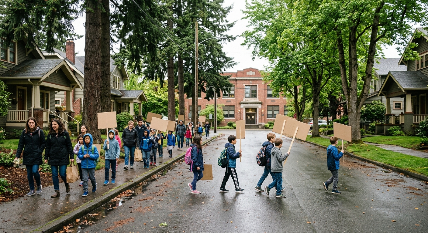 a group of parents and elementary-aged children walking together down a damp neighborhood street lined with tall evergreen trees and craftsman-style houses, hol