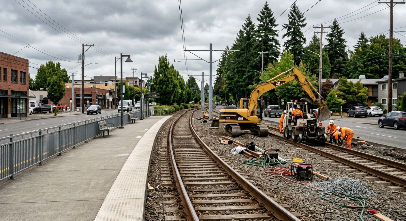 exposed steel light rail transit tracks undergoing maintenance, with heavy machinery and construction materials resting on the gravel bed alongside an empty boa