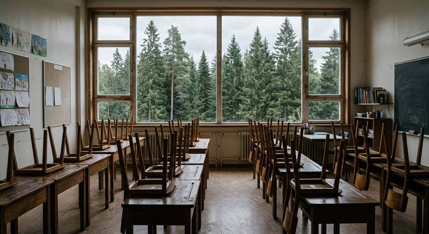 an empty elementary school classroom with wooden desks and stacked chairs, looking out a large window towards tall evergreen trees under an overcast sky, natura