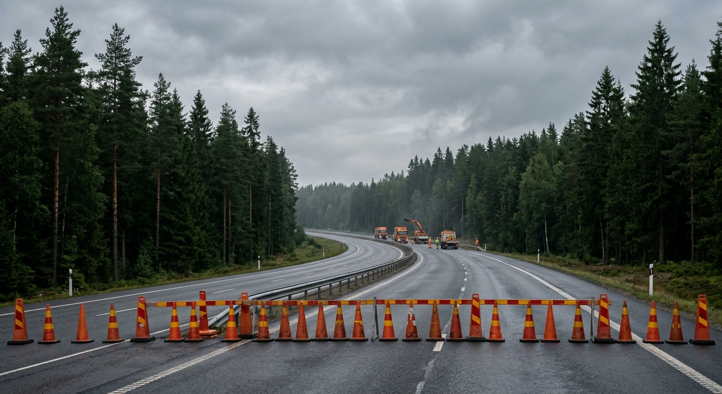 an empty multi-lane highway blocked off by orange traffic cones and utility vehicles in the distance, surrounded by tall evergreen trees under an overcast early