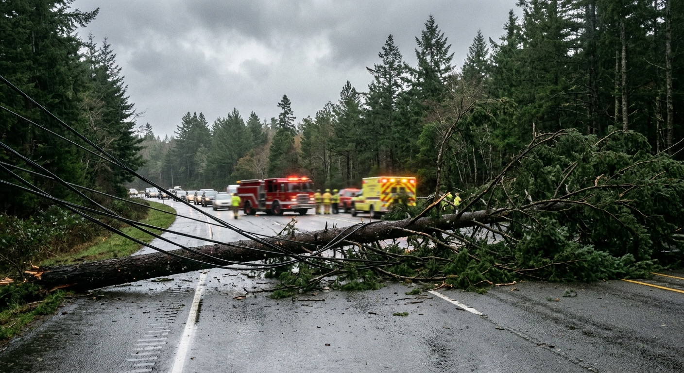 a large fallen evergreen tree and thick black downed power lines stretched across a wet multi-lane highway, surrounded by tall coastal pines under a gloomy over