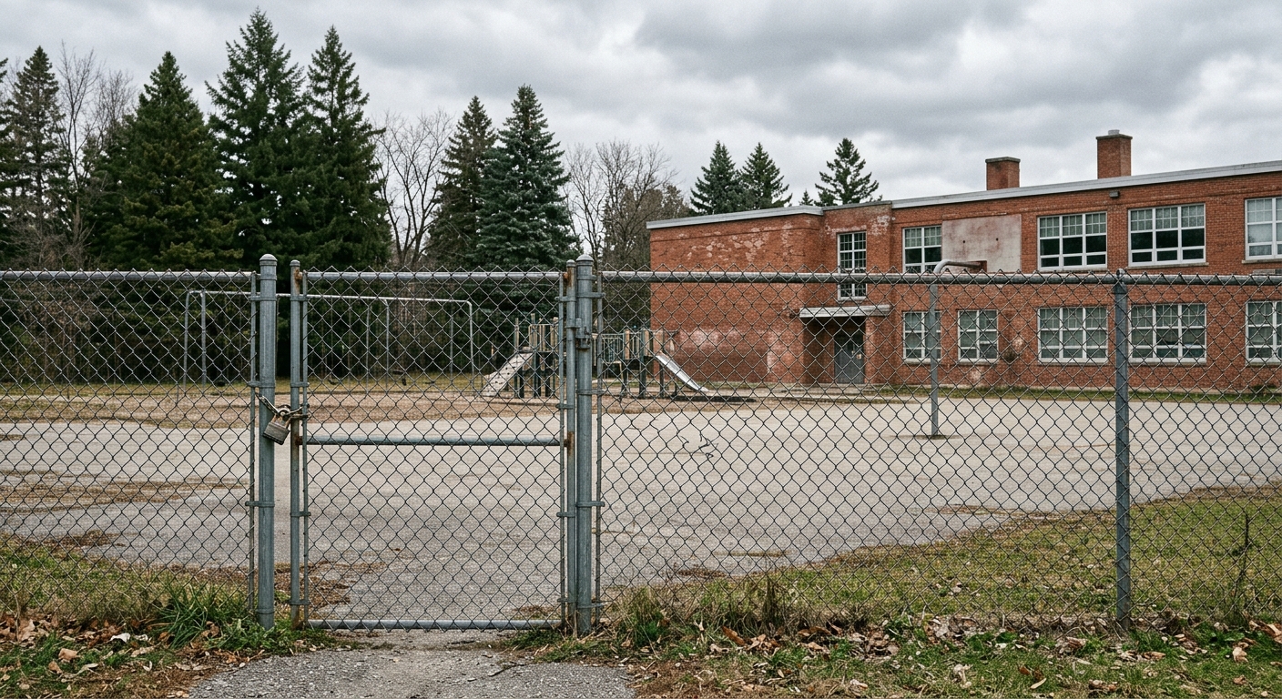 a locked chain-link fence in front of an older brick public school building with an empty playground, surrounded by tall evergreen trees under a typical overcas