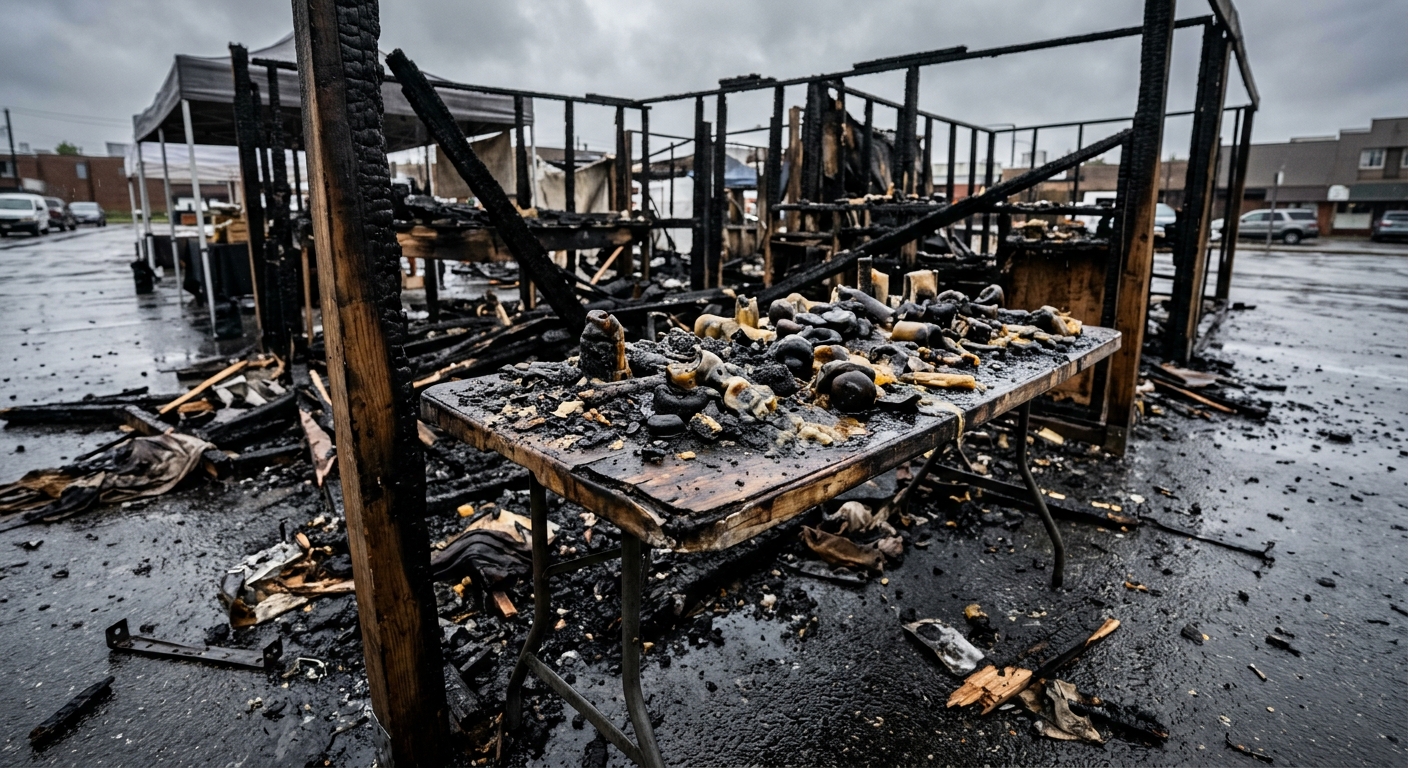 the charred wooden remains of a farmers market stall, featuring a partially burned folding table covered with melted handmade beeswax candles, ash, and water-da