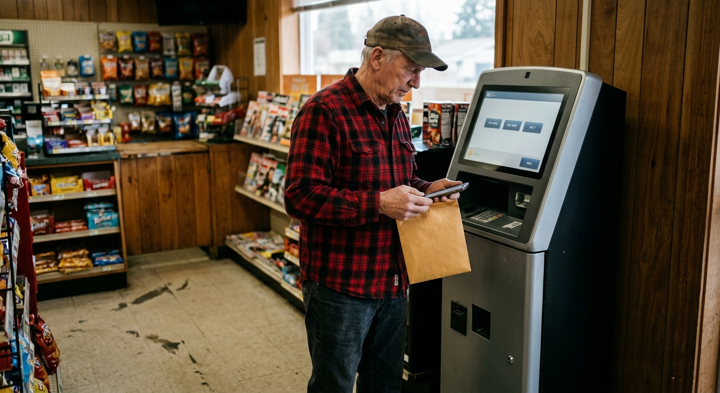 an older man in a flannel shirt holding a cell phone and a plain paper envelope, standing next to a generic electronic kiosk in the corner of a Pacific Northwes