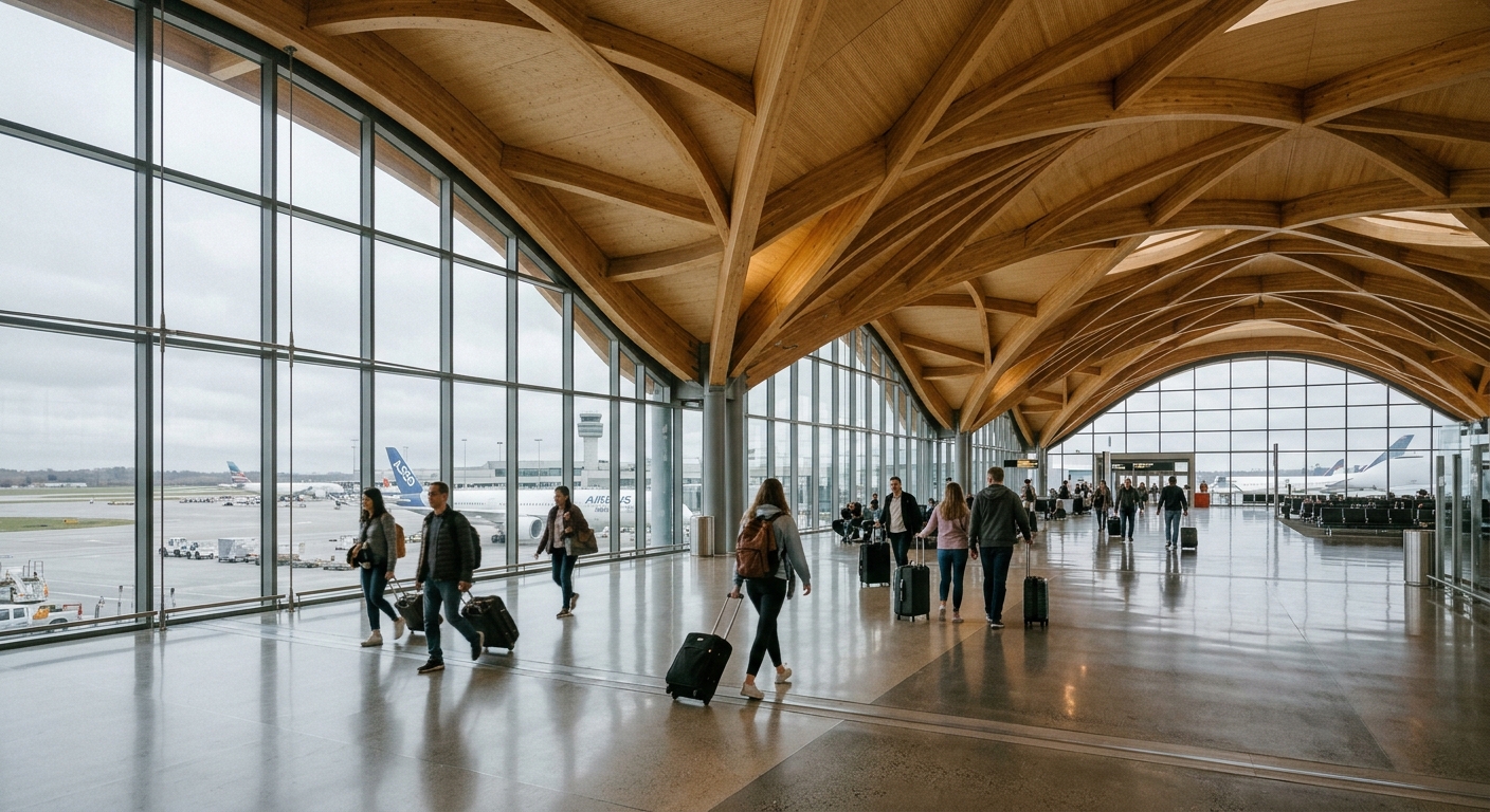 the interior of a modern airport terminal featuring a sweeping ceiling made of interlocking light-colored mass timber beams, large glass windows revealing a gra
