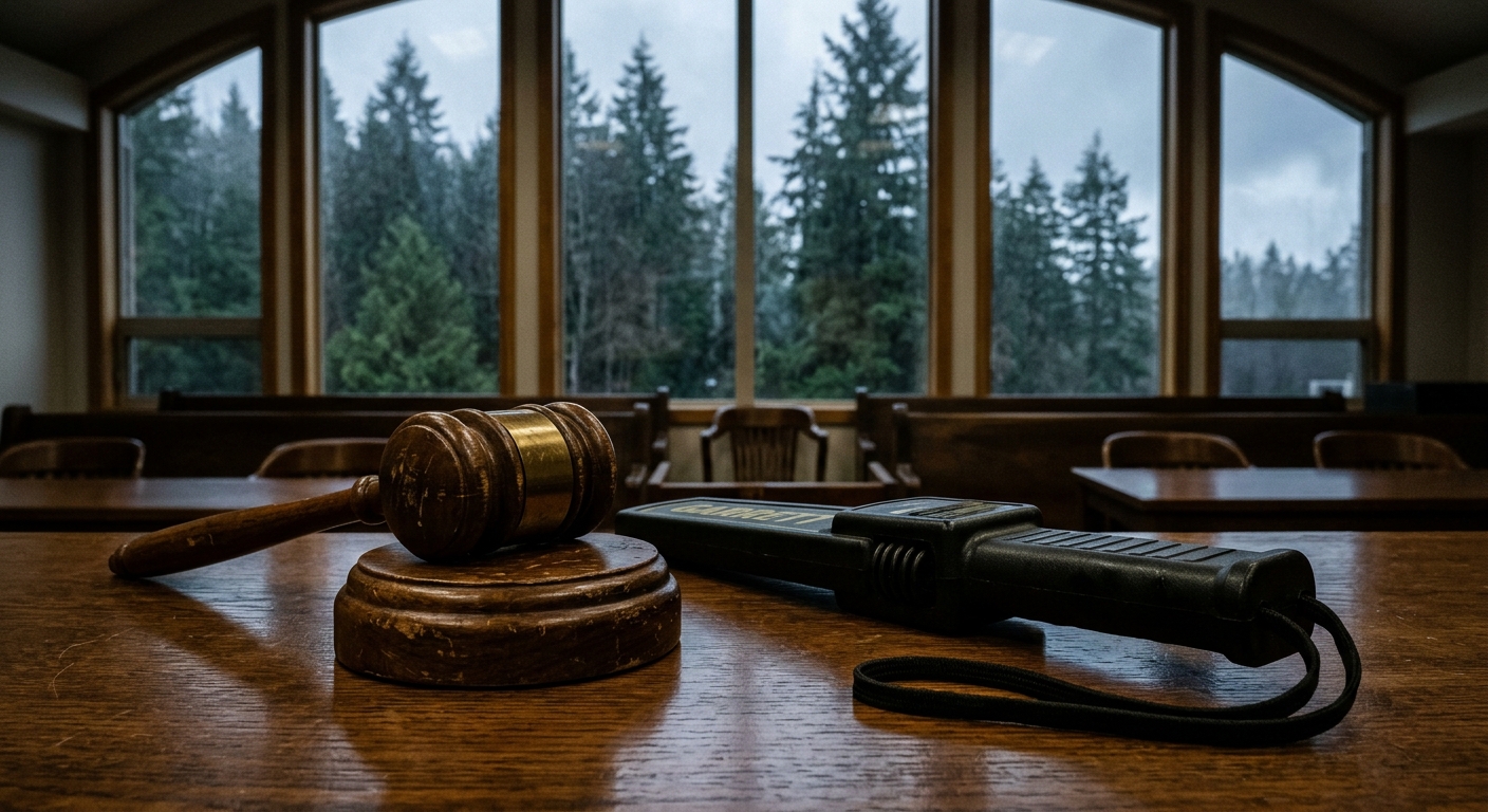 a heavy wooden gavel and a black handheld security scanner resting on a polished wooden desk, with tall windows in the background showing an overcast sky and we