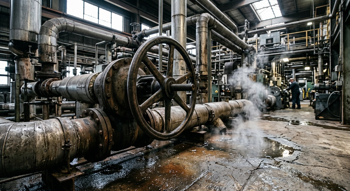 a large industrial handwheel valve and heavy metal piping inside a paper mill, wet concrete floor with slight steam rising from a puddle, overcast Pacific North