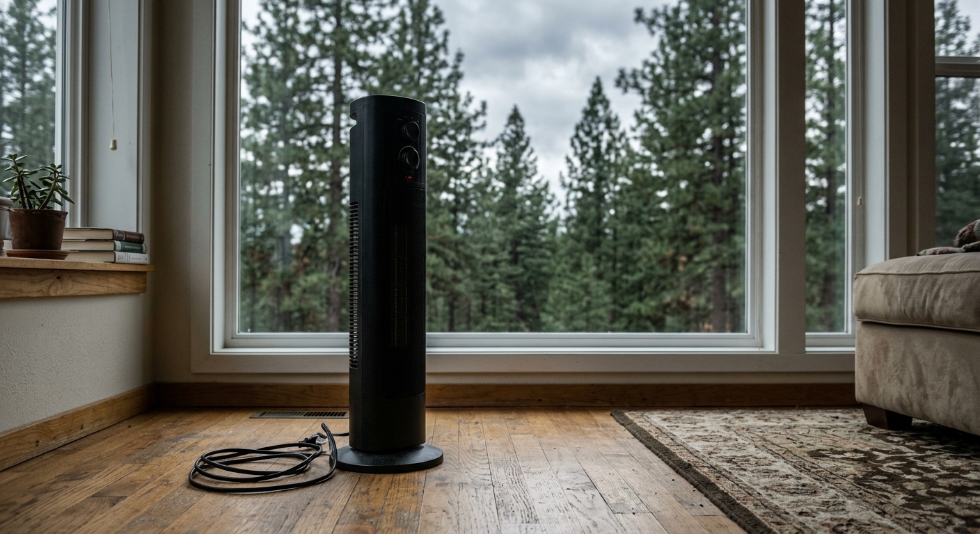 an unplugged black tower space heater sitting on a living room hardwood floor, with a window in the background revealing an overcast sky and tall pine trees, na