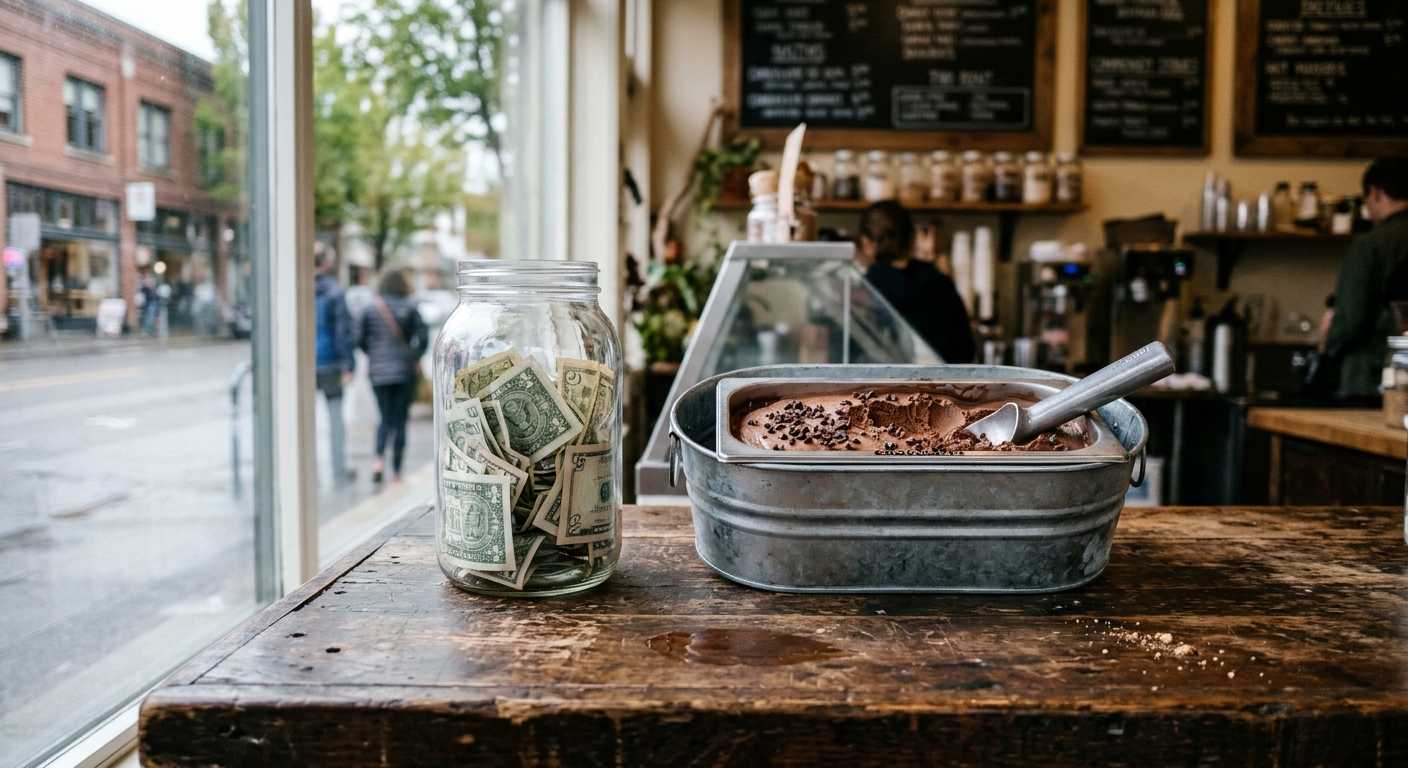 a glass jar filled with folded paper money sitting on a worn wooden counter next to a metal tub of artisan ice cream inside a cozy neighborhood shop, soft overc