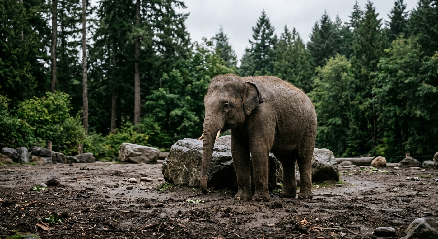 a young Asian elephant calf standing in a spacious zoo enclosure with damp soil and large rocks, with tall evergreen trees in the background under a soft overca
